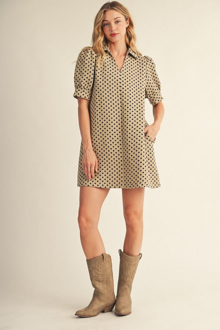 Emily Short Puff Sleeve Polka Dot Shift Dress - Taupe & Navy