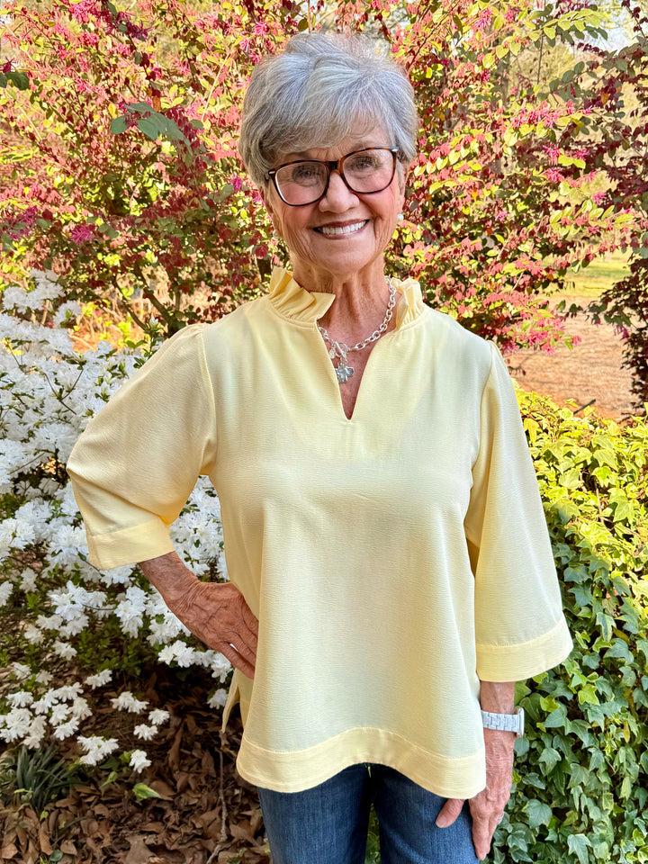 Maisy 3/4 Sleeve Top - Ruffled V-Neck Crinkle Blouse