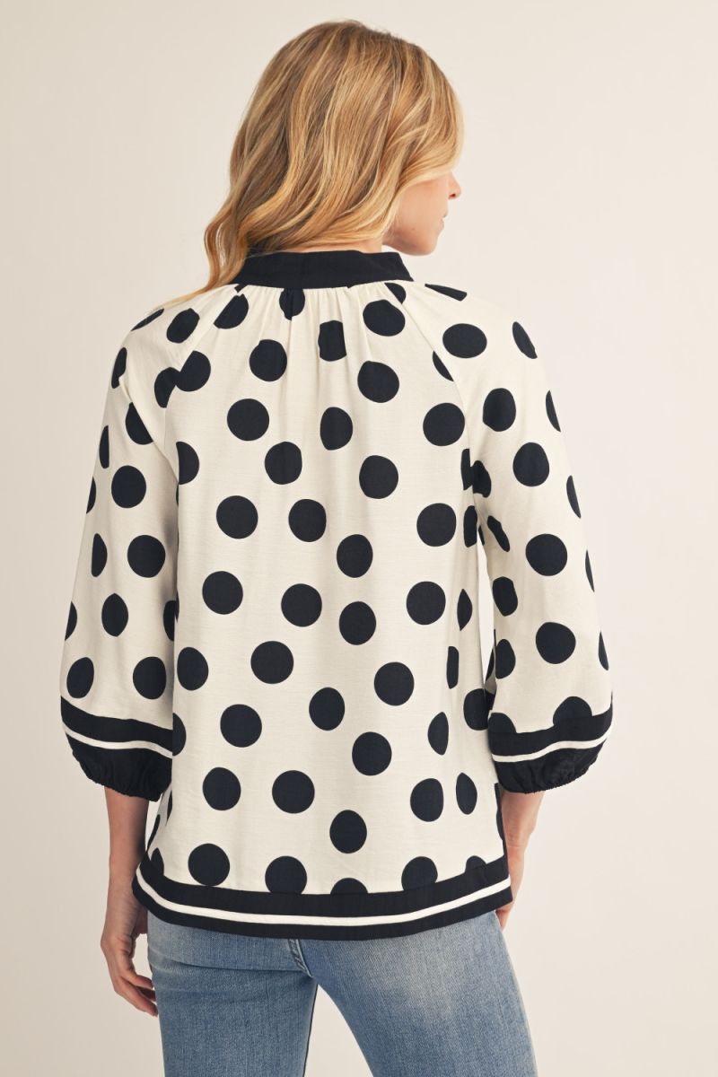 Bobby Polka Dot 3/4 Puff Sleeve Top – Notched V-Neck with Contrast Trim | Black/White