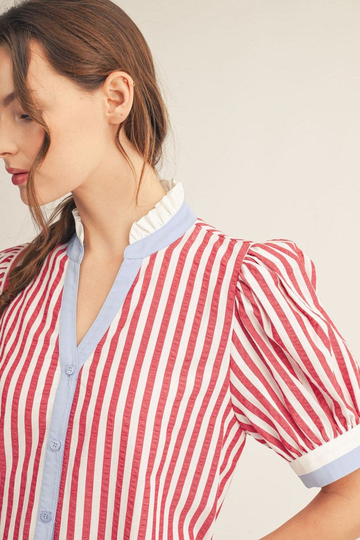 Gwendolyn Stripe Shift Dress — Women's Red & White Striped Button Front Dress