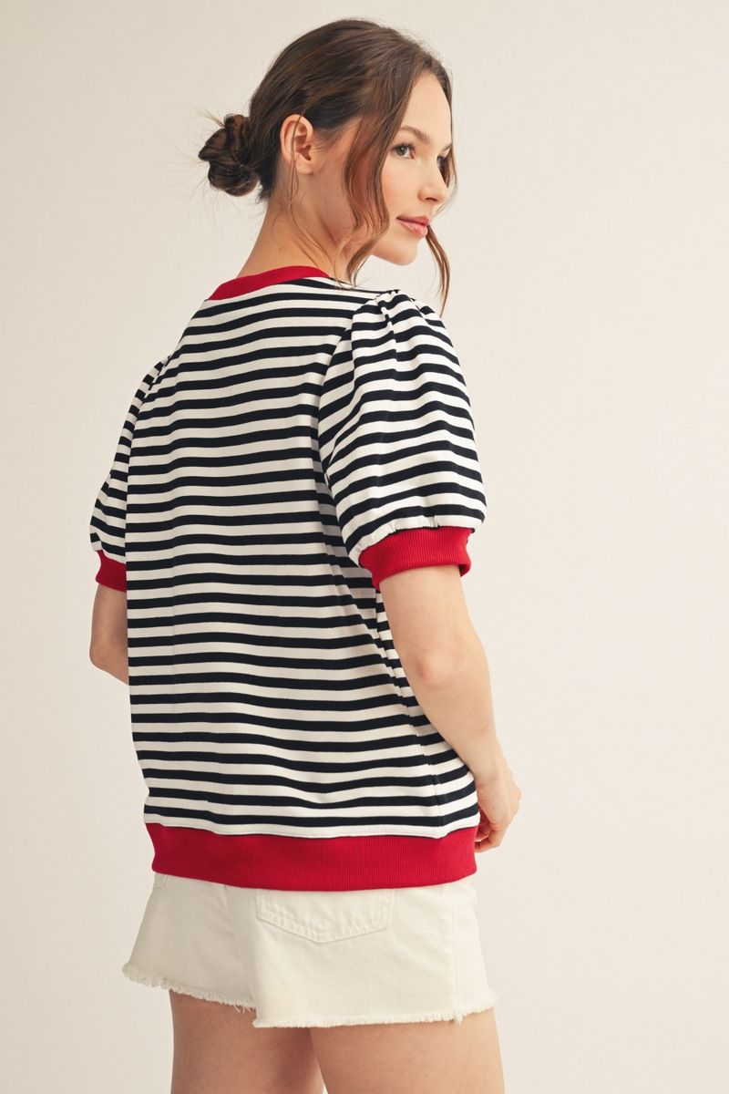 Caroline Stripe Short Puff Sleeves Top