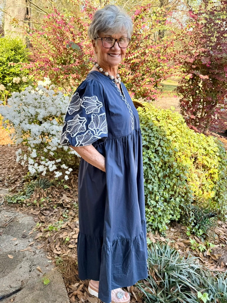 Holly Embroidered Midi Dress - Women's Navy Puff Sleeve V-Neck Dress