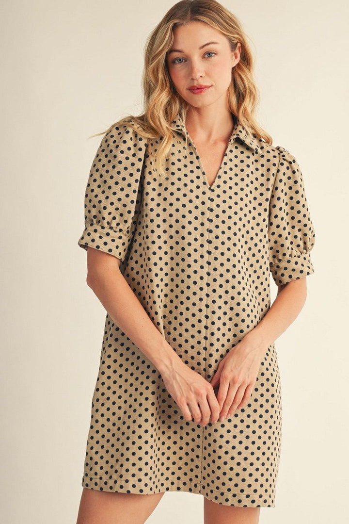 Emily Short Puff Sleeve Polka Dot Shift Dress - Taupe & Navy
