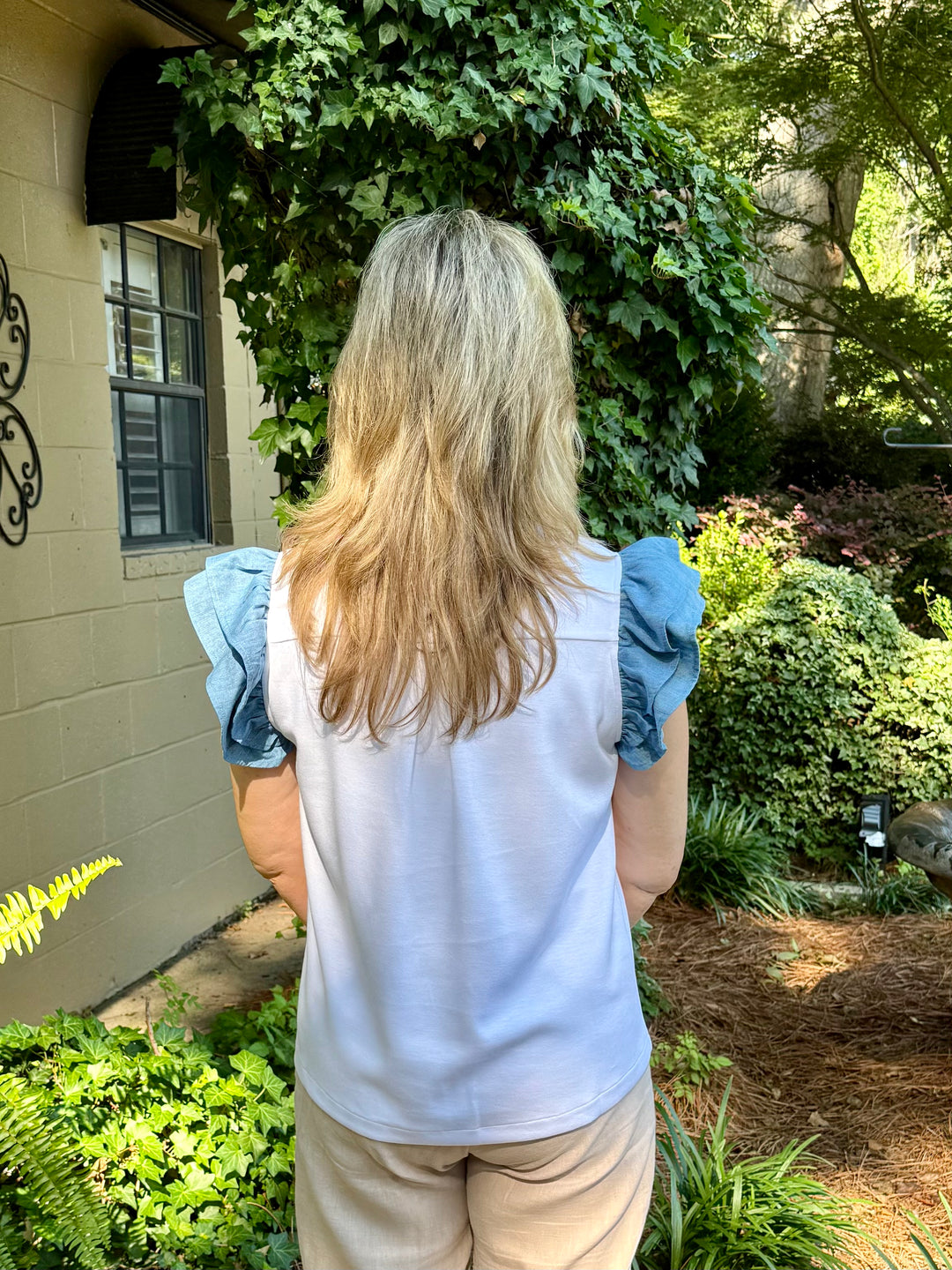 Brittany Short Sleeve Ruffle Top | Denim Accent Boutique Top
