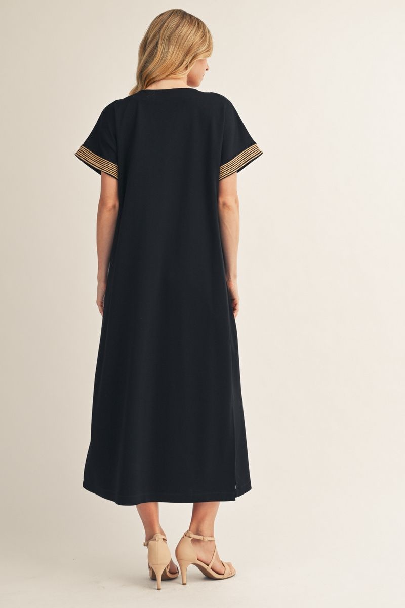 Leigh Short Sleeve Midi Dress – Drop Shoulder Embroidered V-Neck with Pockets