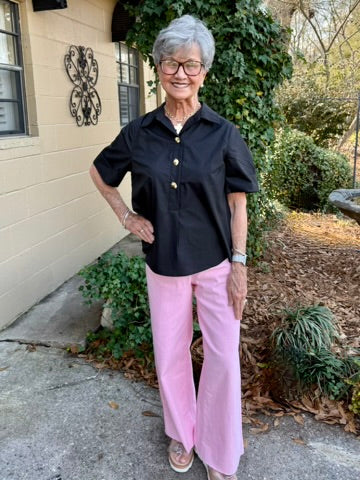 Gracelynn Short Sleeve Top - Black Collared Blouse with Gold Buttons