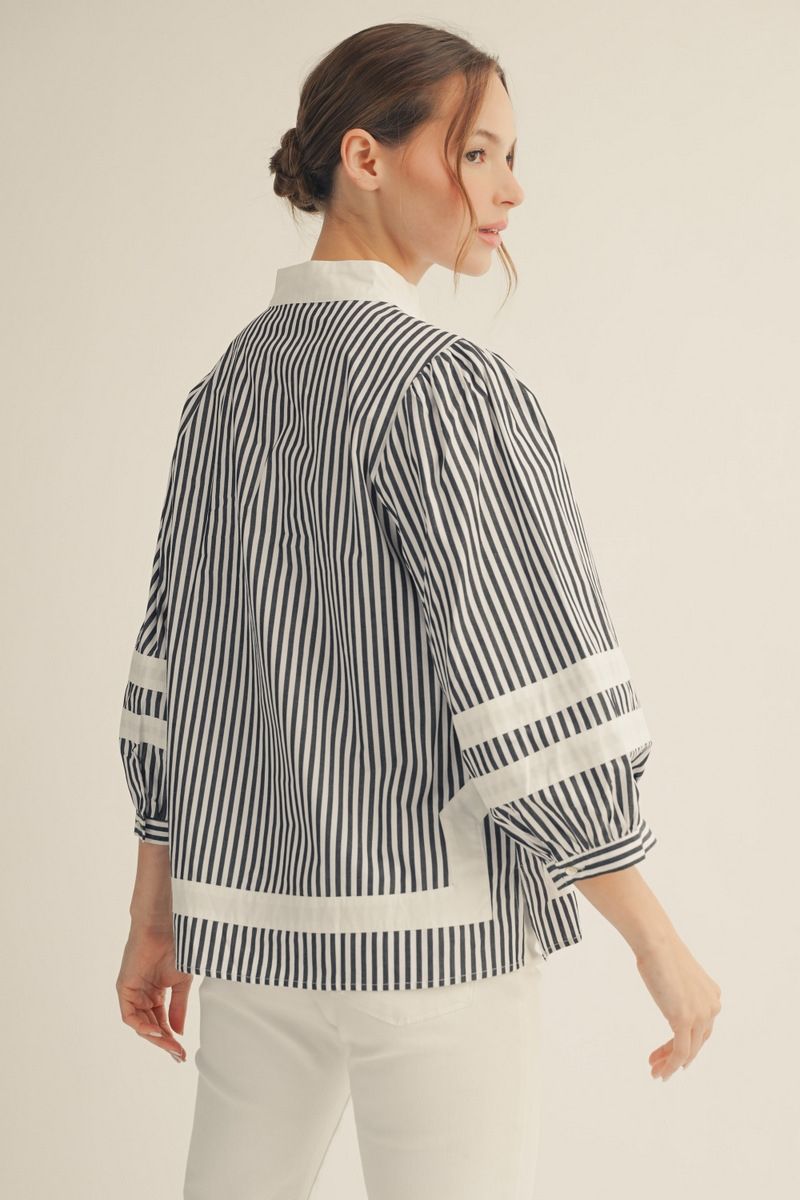 Sherry 3/4 Puff Sleeve Stripe Top | Black & White Cotton V-Neck Blouse