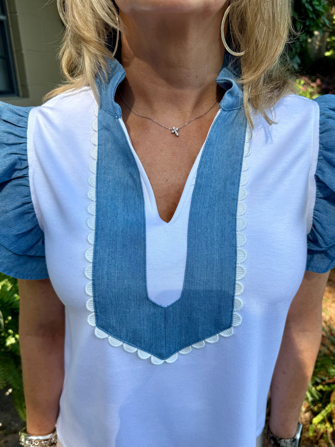 Brittany Short Sleeve Ruffle Top | Denim Accent Boutique Top