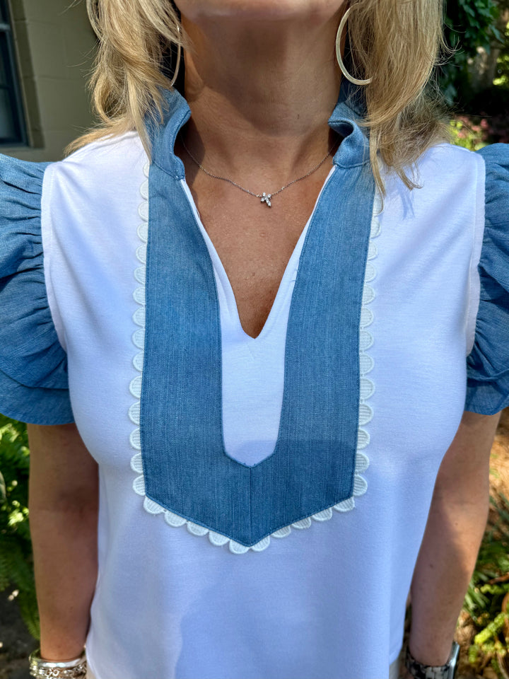 Brittany Short Sleeve Ruffle Top | Denim Accent Boutique Top