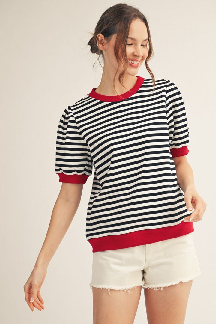 Caroline Stripe Short Puff Sleeves Top