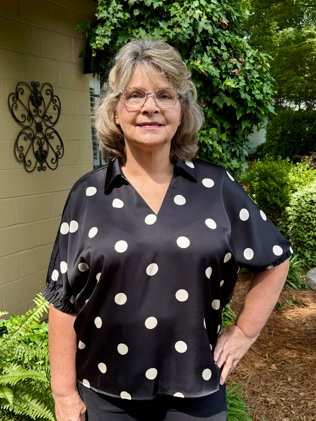 Faith Short Sleeve V-Neck Polka Dot Satin Top