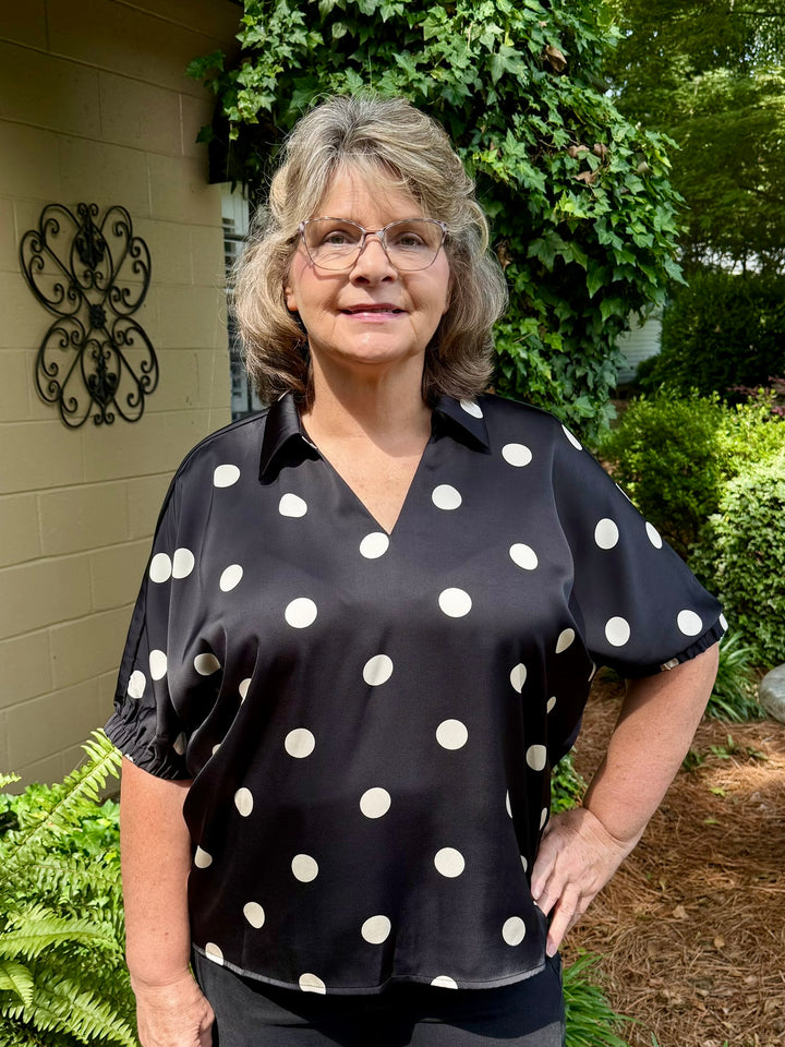 Faith Short Sleeve V-Neck Polka Dot Satin Top