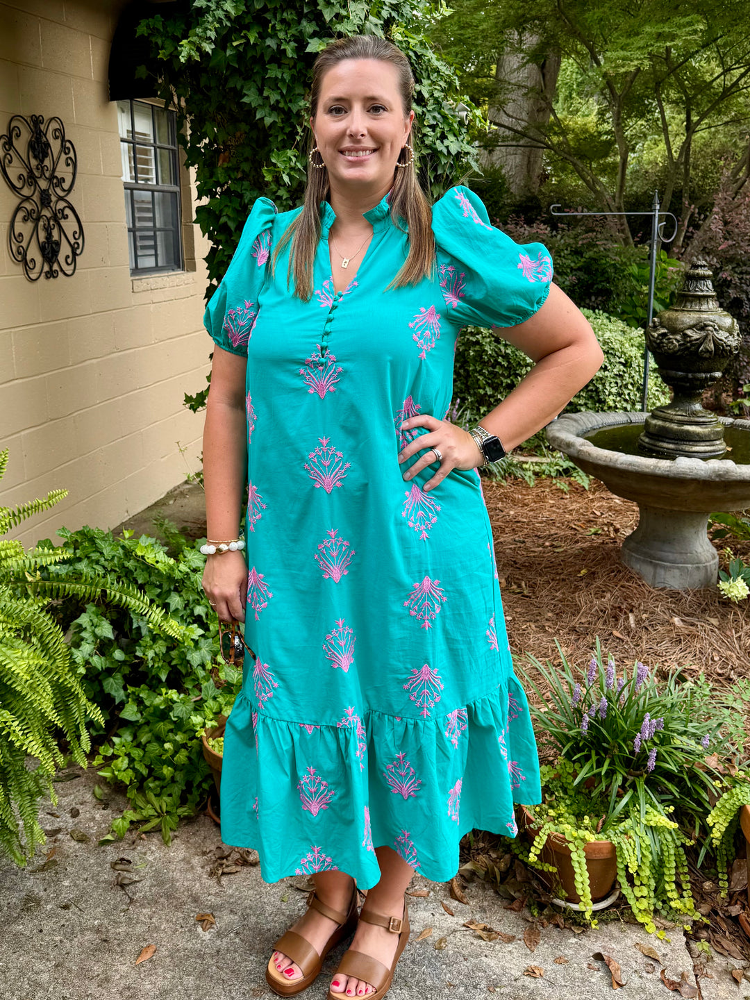 Botanical Embroidery Puff Sleeve Midi Dress