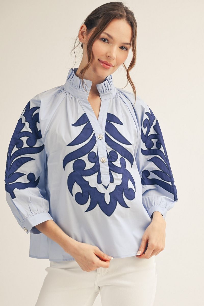 Emma 3/4 Sleeve Baroque Appliqué Top – Light Blue