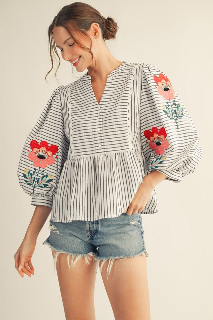 Weslynn Striped Peplum Top with Floral Embroidery