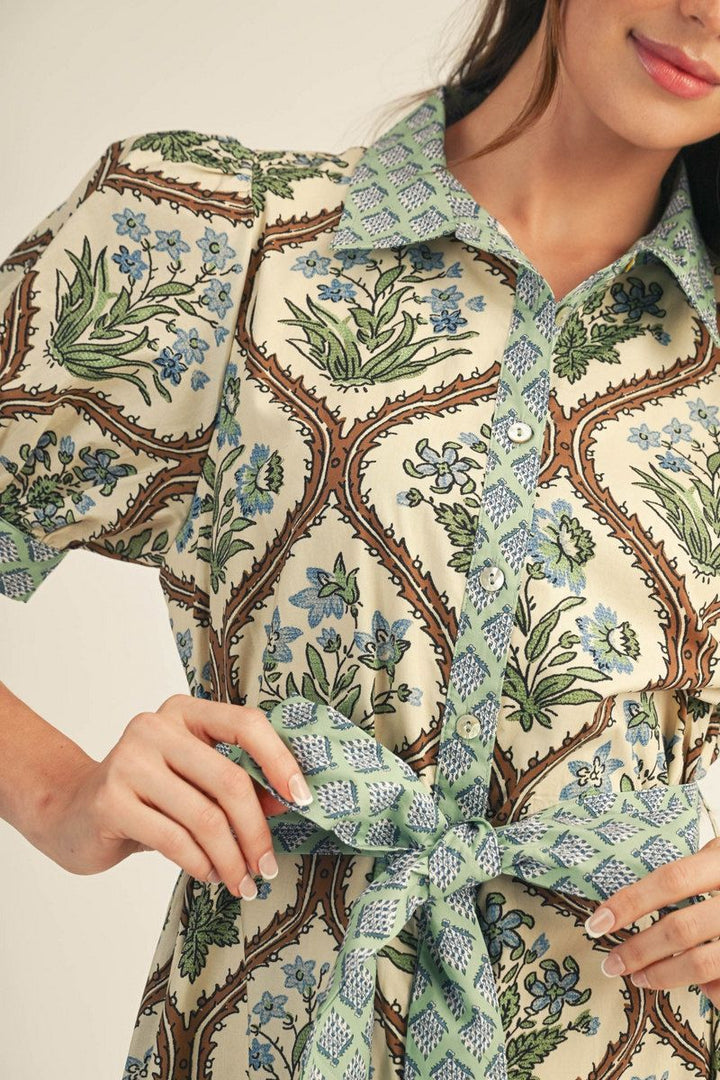 Floral Button Down Midi Dress with Waist Tie