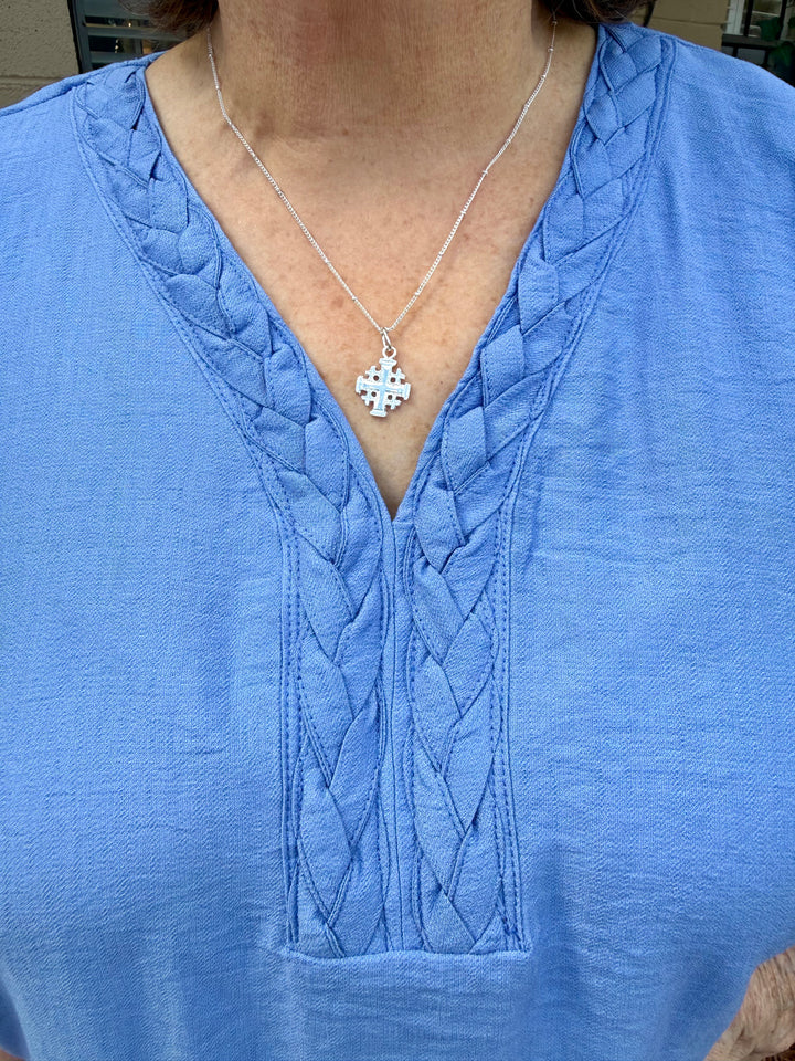 Rosie Short Sleeve Top - Chambray Blue Dolman Sleeve V-Neck Blouse