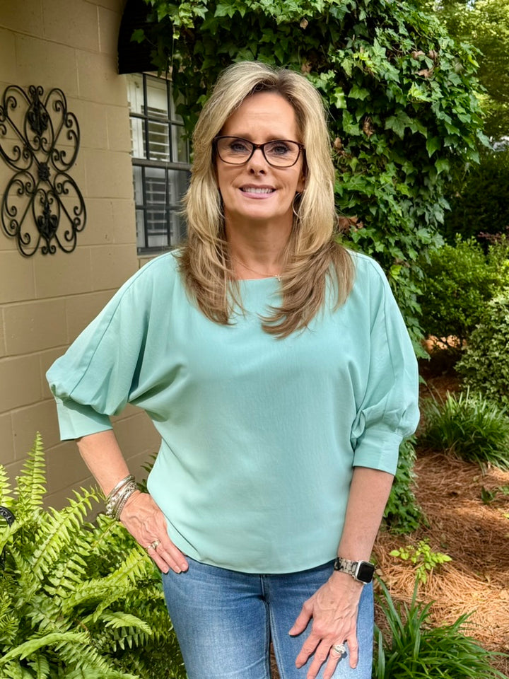 Gwen 3/4 Sleeve Top - Mint Round Neck Blouse