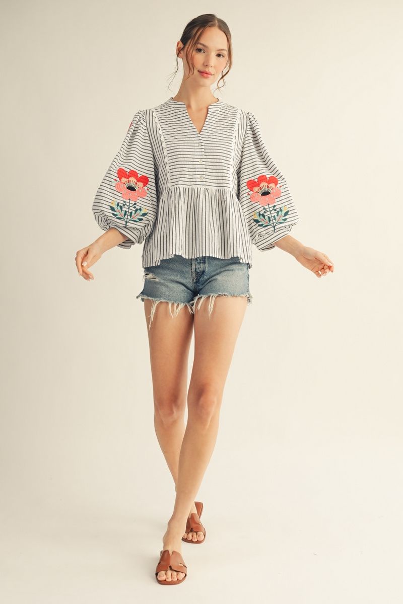 Weslynn Striped Peplum Top with Floral Embroidery