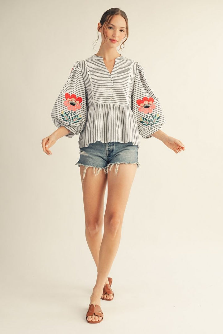 Weslynn Striped Peplum Top with Floral Embroidery