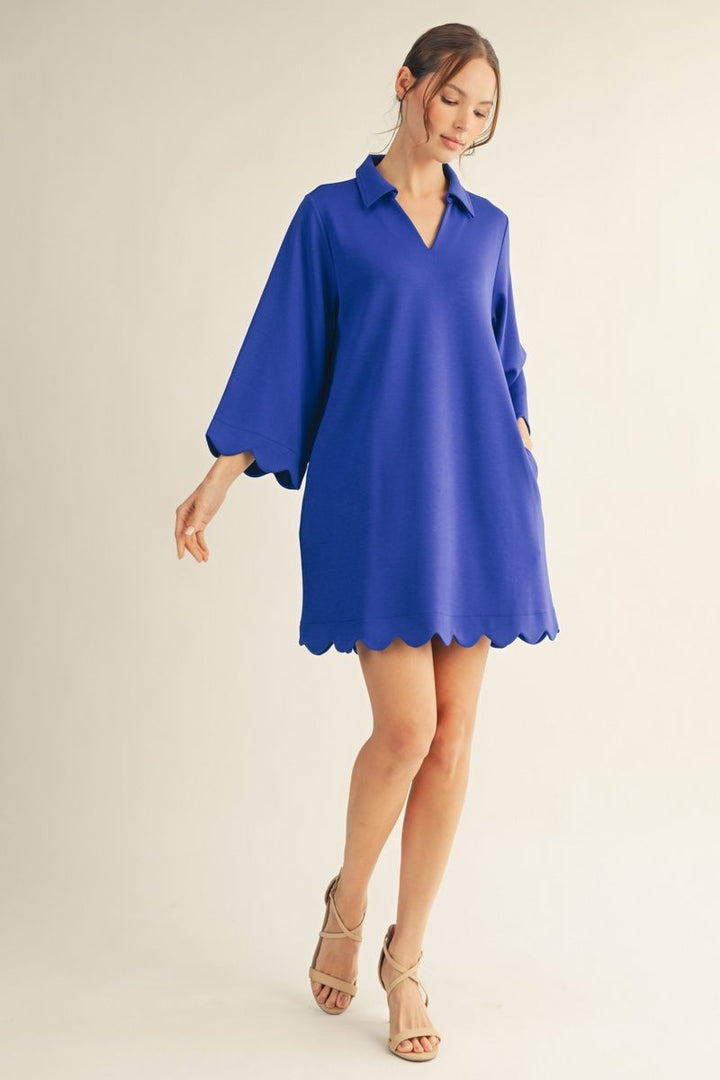 Lora Scallop Hem Shift Dress - Women's 3/4 Sleeve Dress with Pockets