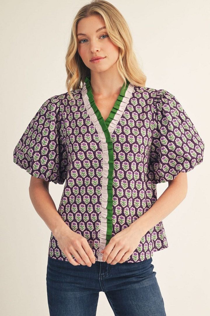 Barb Short Puff Sleeve Purple Floral Top