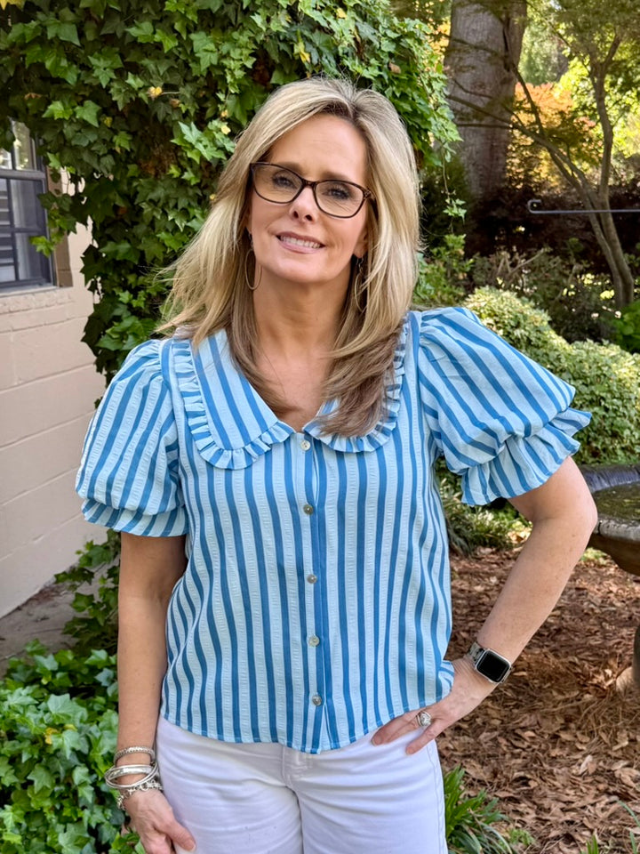 Lillian Short Puff Sleeve Top | Stripe Peter Pan Collar