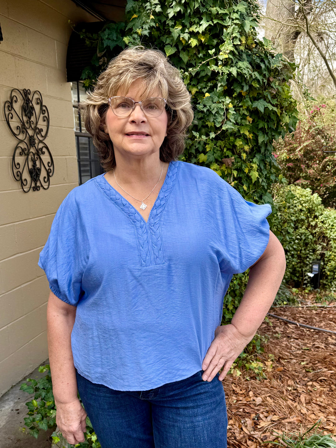 Rosie Short Sleeve Top - Chambray Blue Dolman Sleeve V-Neck Blouse