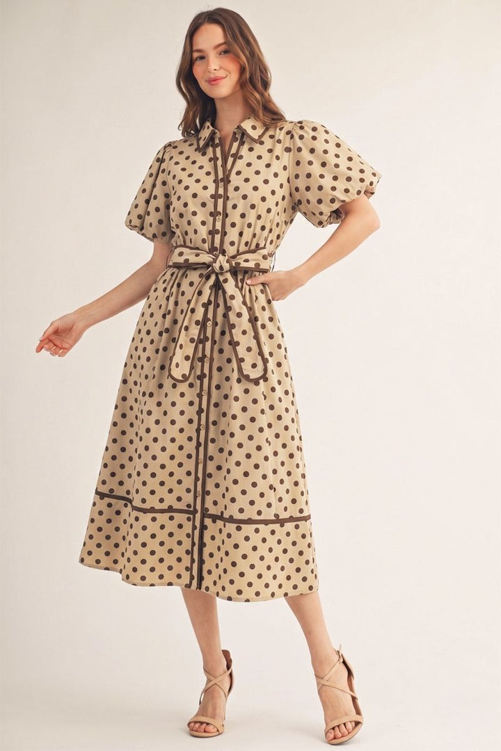 Polka Dot Puff Sleeve Midi Dress – Taupe & Brown