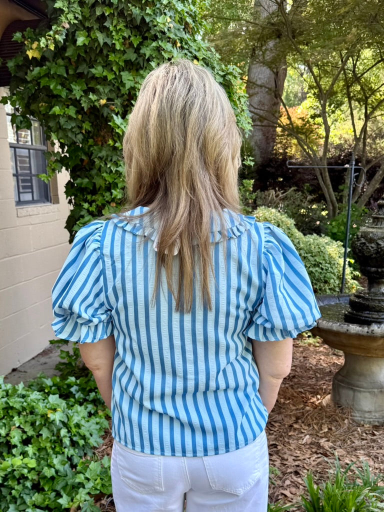 Lillian Short Puff Sleeve Top | Stripe Peter Pan Collar