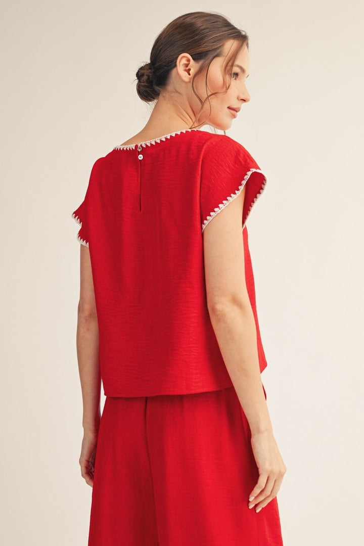 Lillian Short Sleeve Red Top | Drop Shoulder Crinkle Fabric with Scallop Embroidery