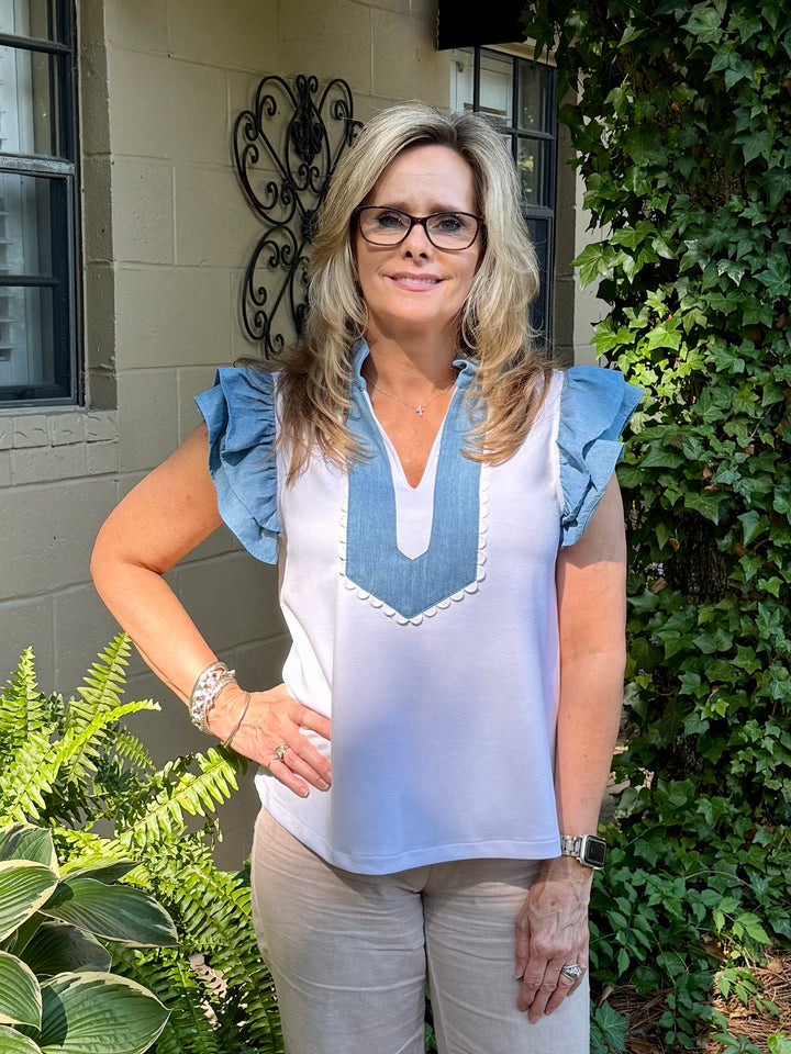 Brittany Short Sleeve Ruffle Top | Denim Accent Boutique Top