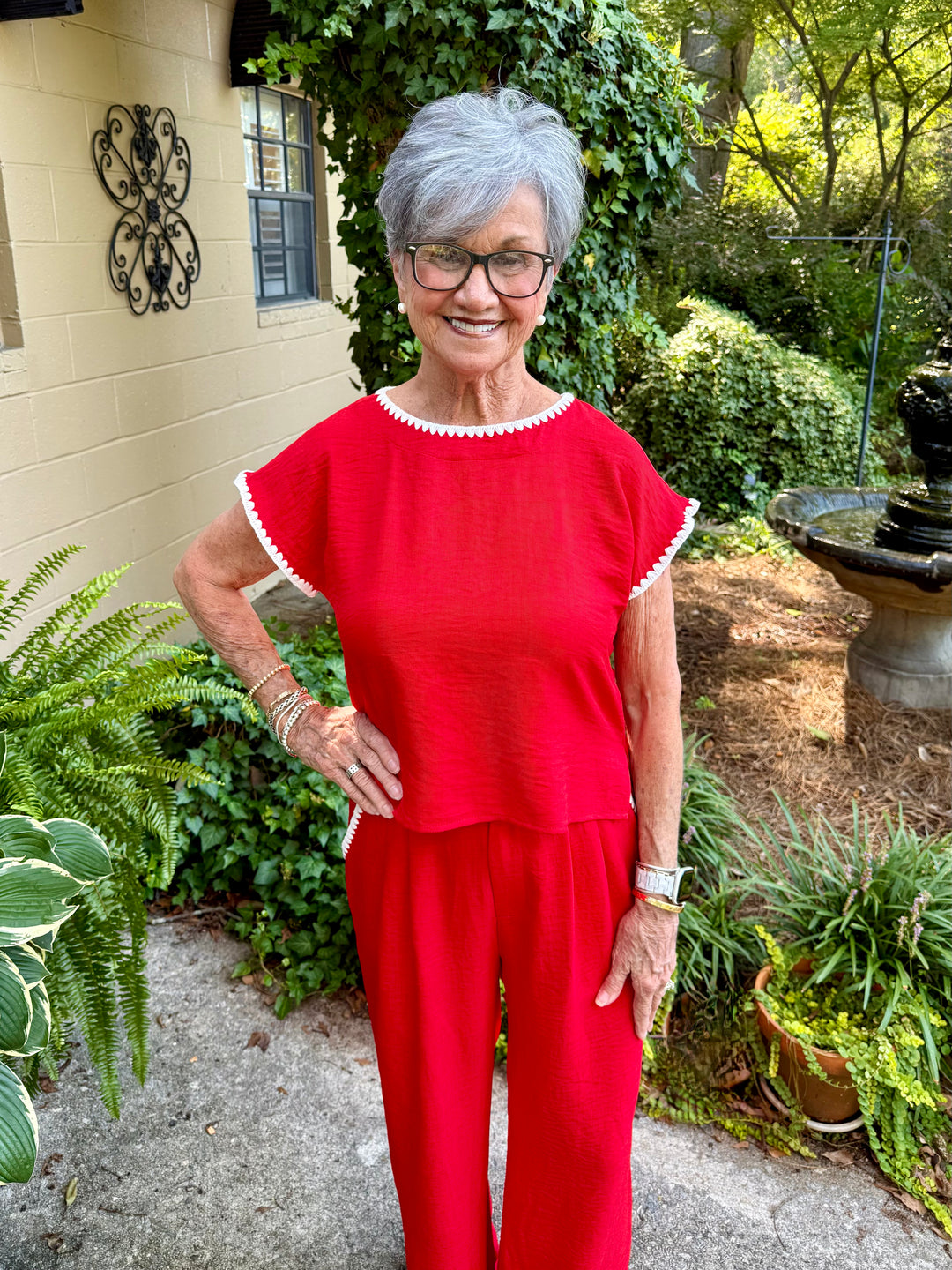 Lillian Short Sleeve Red Top | Drop Shoulder Crinkle Fabric with Scallop Embroidery
