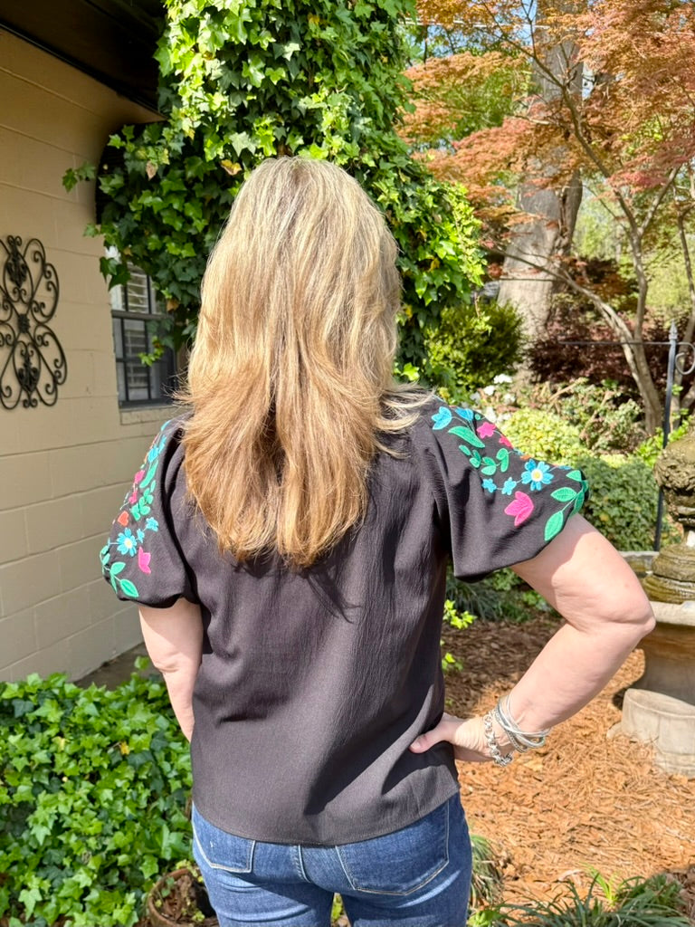 Adeline Short Puff Sleeve Embroidery Top