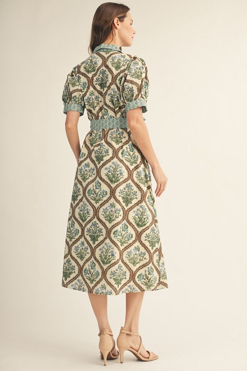 Floral Button Down Midi Dress with Waist Tie