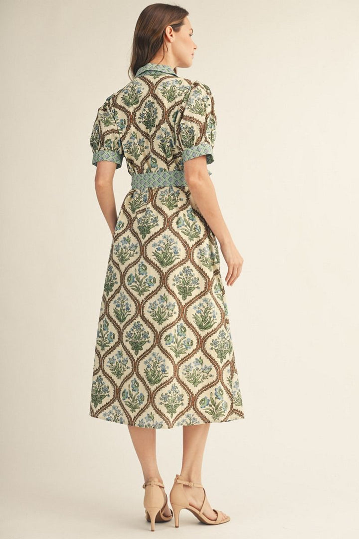 Floral Button Down Midi Dress with Waist Tie