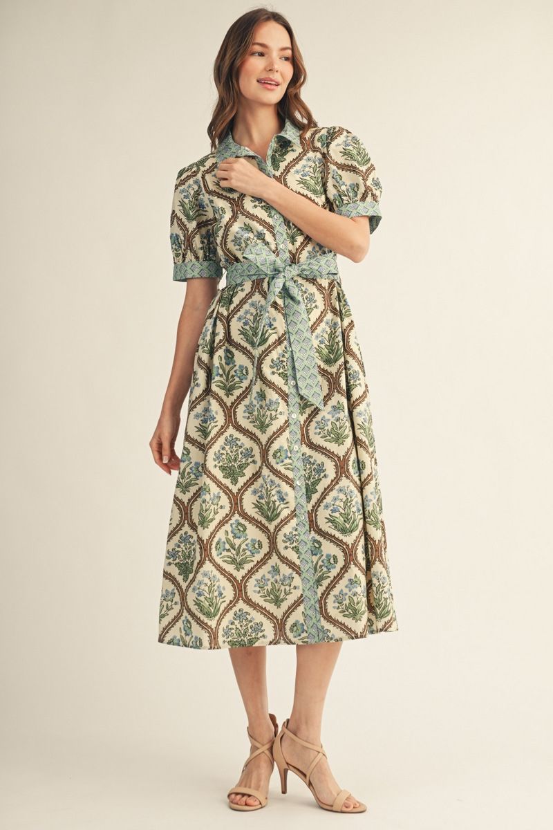 Floral Button Down Midi Dress with Waist Tie