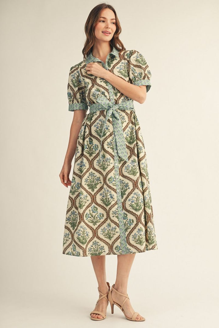 Floral Button Down Midi Dress with Waist Tie