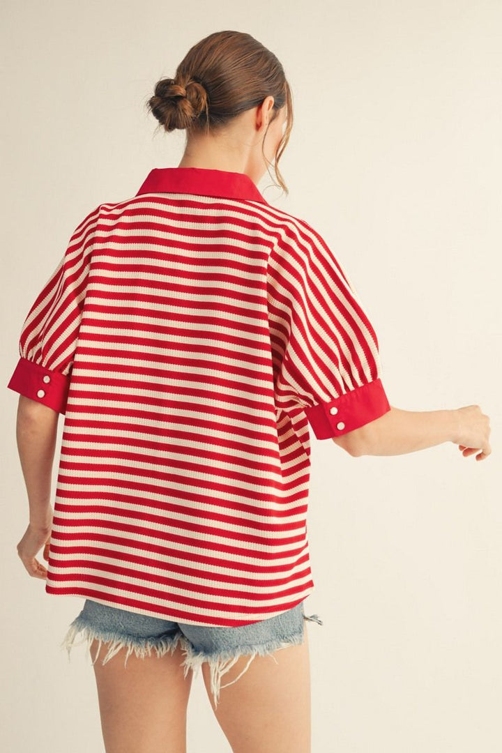 Sally V-Neck Short Sleeve Stripe Top