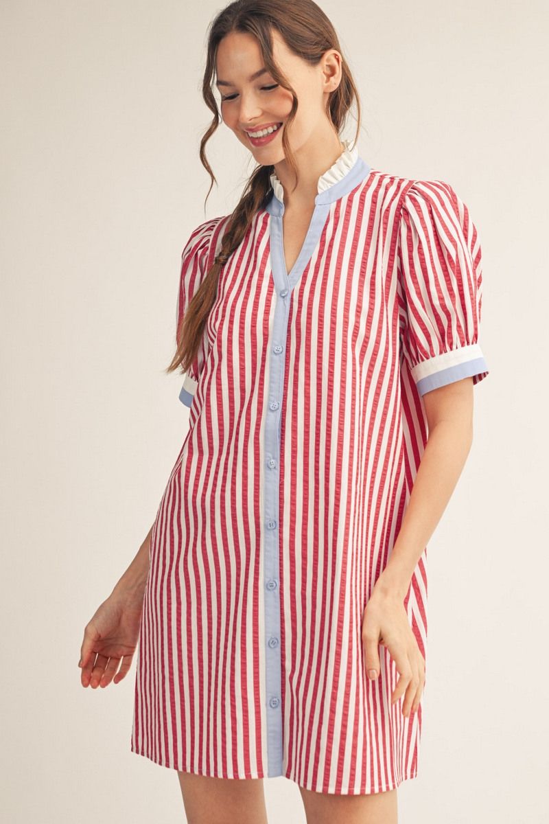 Gwendolyn Stripe Shift Dress — Women's Red & White Striped Button Front Dress