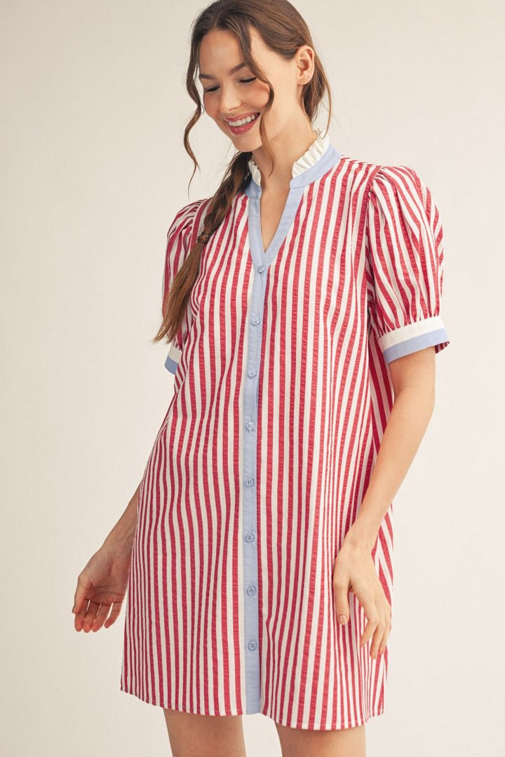 Gwendolyn Stripe Shift Dress — Women's Red & White Striped Button Front Dress