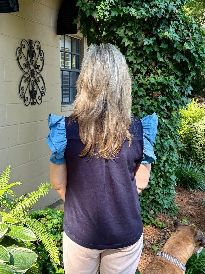 Brittany Short Sleeve Ruffle Top | Denim Accent Boutique Top