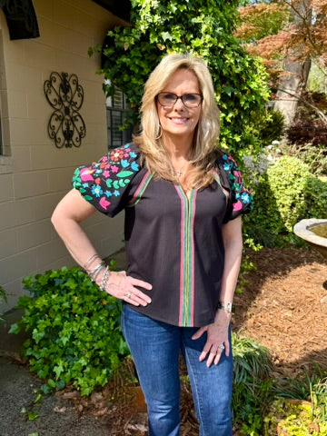 Adeline Short Puff Sleeve Embroidery Top
