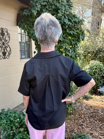 Gracelynn Short Sleeve Top - Black Collared Blouse with Gold Buttons
