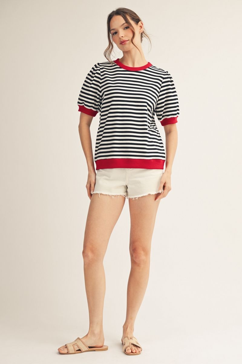 Caroline Stripe Short Puff Sleeves Top