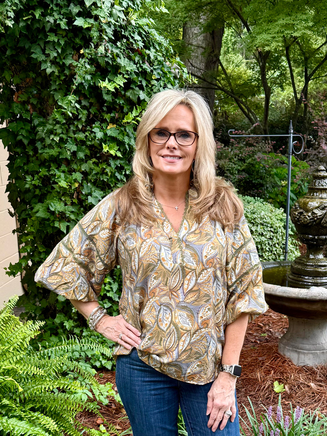 Olive Leaf Print Split V-Neck Blouse | 3/4 Balloon Sleeve Top