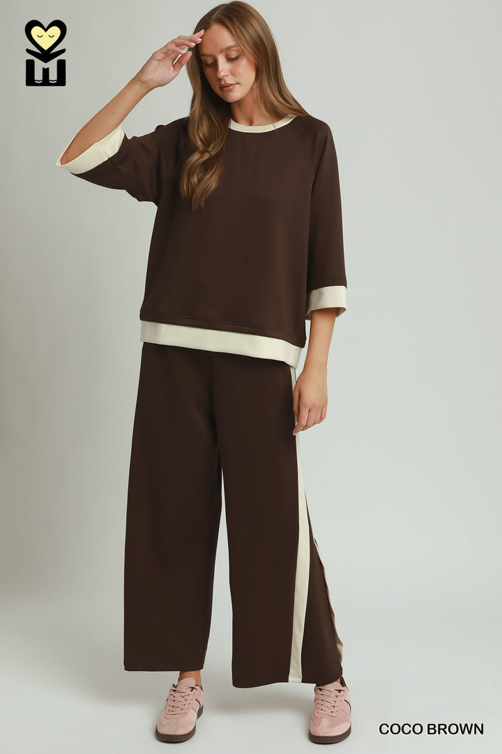 Clara Luxe Knit 3/4 Raglan Sleeve Top – Cocoa Brown & Cream Color Block