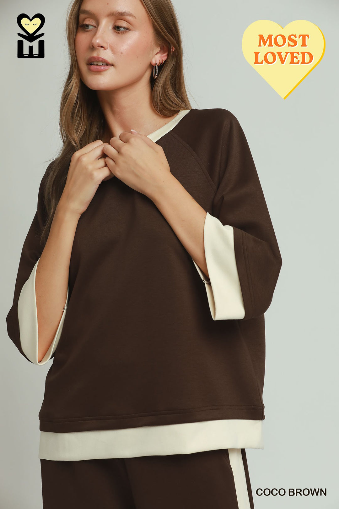 Clara Luxe Knit 3/4 Raglan Sleeve Top – Cocoa Brown & Cream Color Block