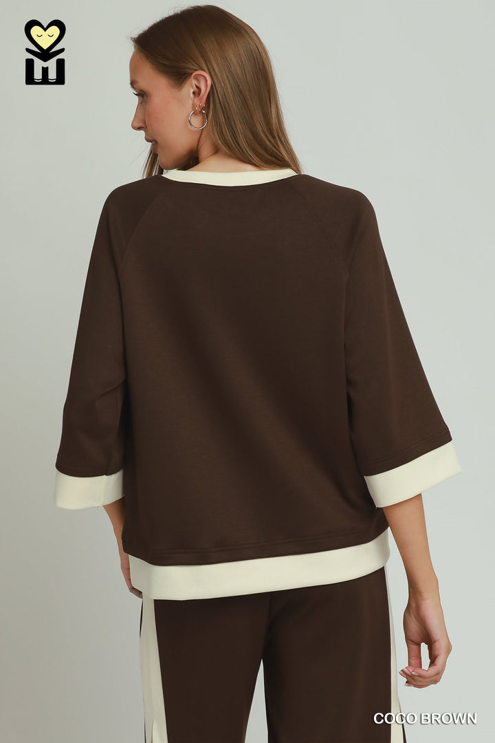 Clara Luxe Knit 3/4 Raglan Sleeve Top – Cocoa Brown & Cream Color Block