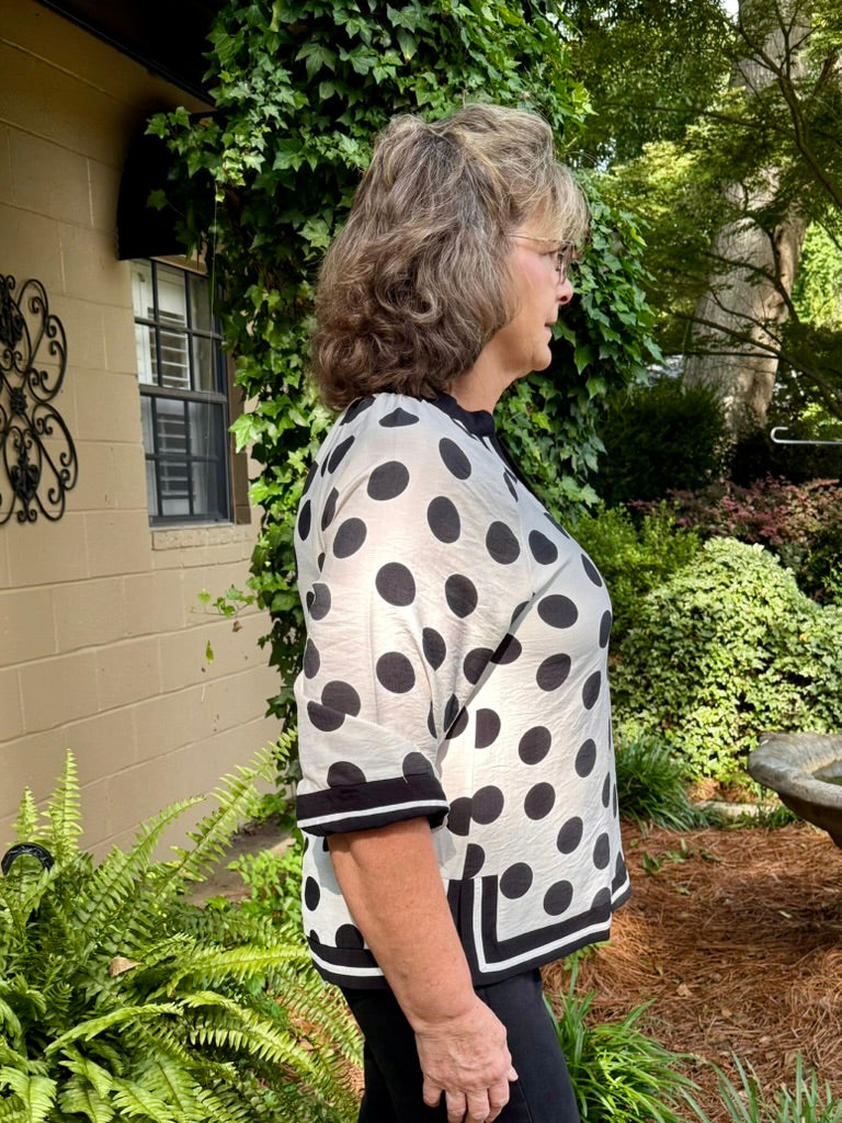 Bobby Polka Dot 3/4 Puff Sleeve Top – Notched V-Neck with Contrast Trim | Black/White